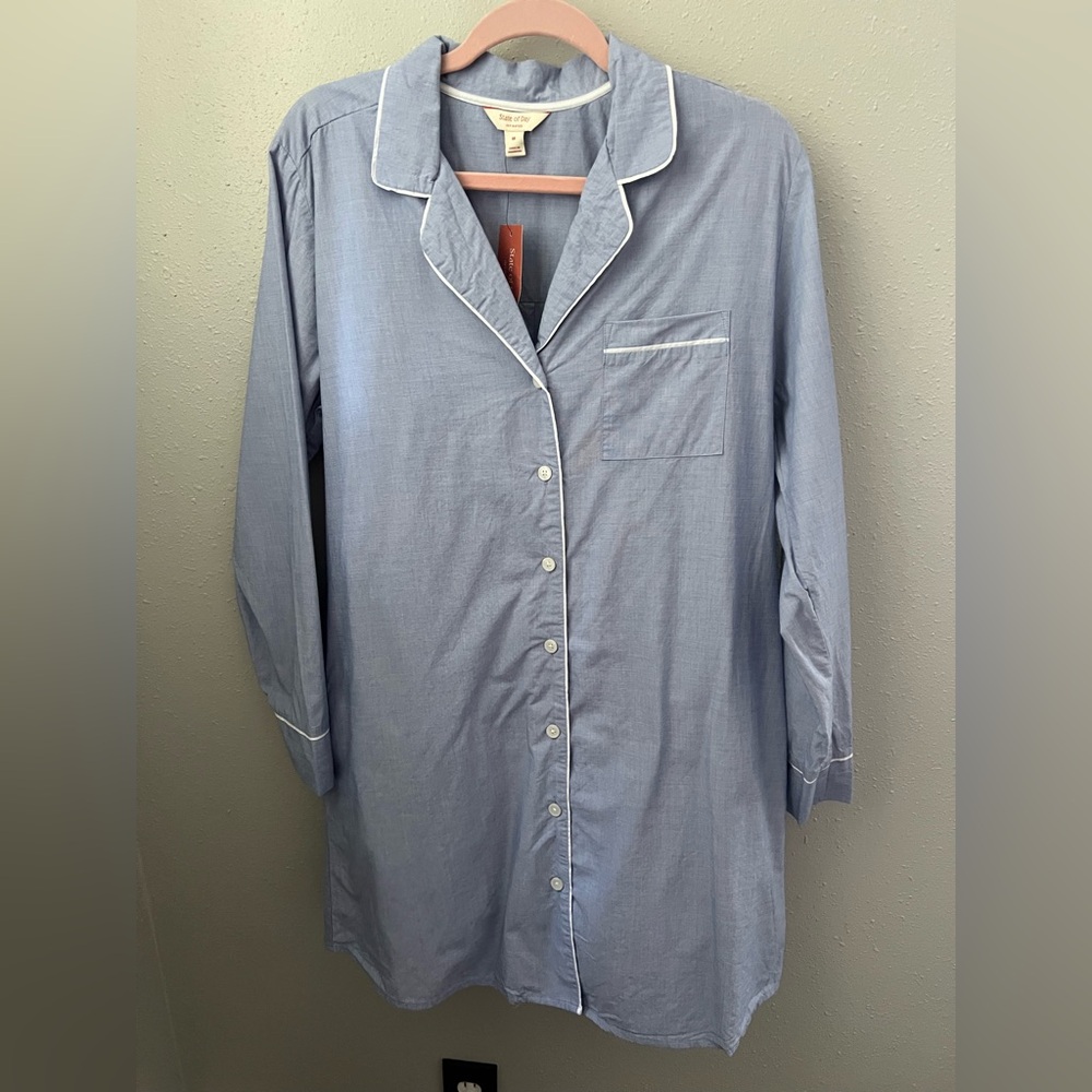 State of Day Women's Notch Collar Poplin Sleepshirt In Blue Size Medium New - Picture 2 of 7